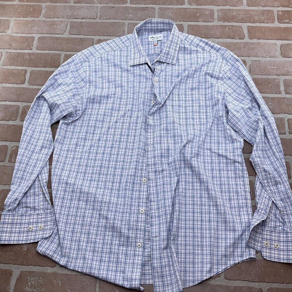 Peter Millar Shirt Men Large Blue Pink Check Plaid‎ Summer Comfort Nylon Stretch